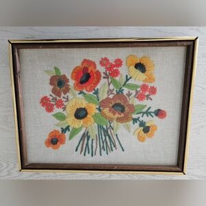 60-70’s Finished Crewel Embroidery Flowers Wood Frame Vintage 17" x 13"